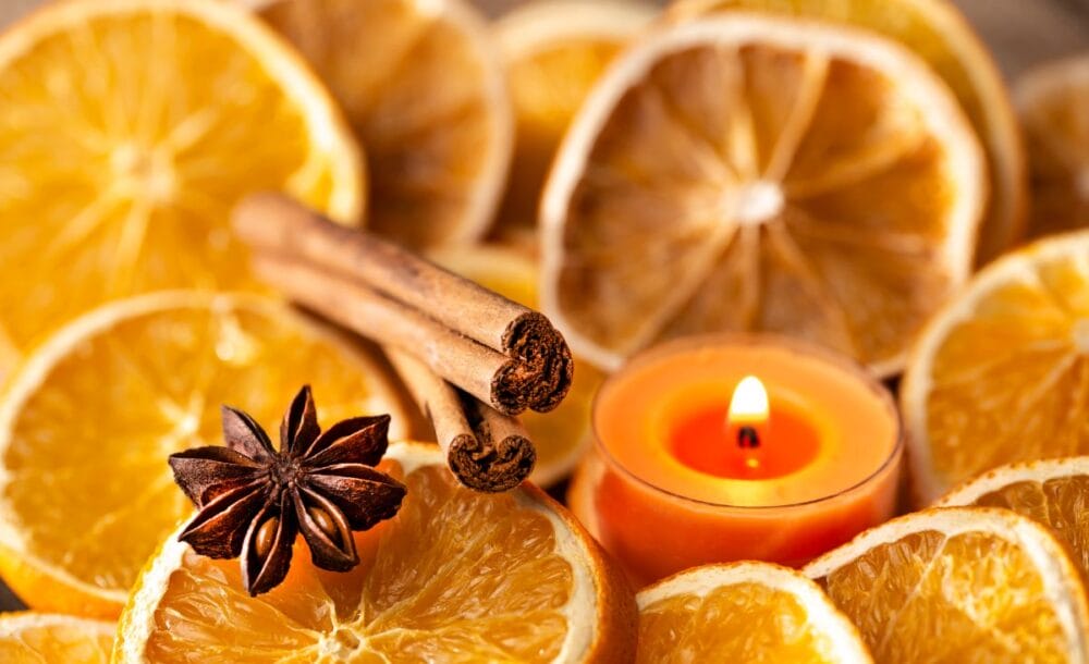 Dehydrated orange slices, cinnamon sticks, and star anise potpourri.