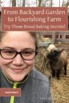 Woman smiling in front of a sheep pen, showcasing the progress from backyard gardening to a full farm.