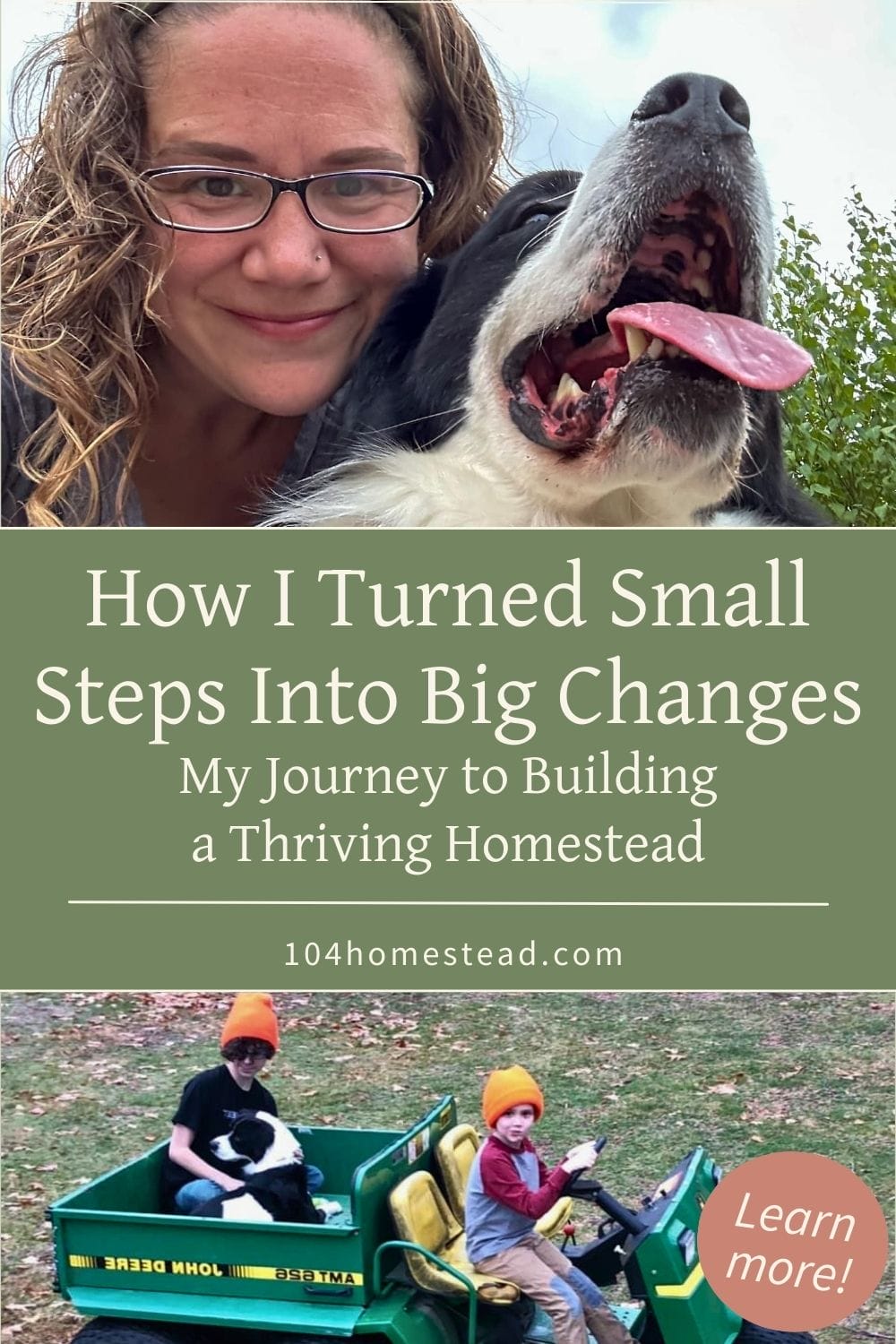 Close-up of a smiling woman with curly hair and glasses alongside a happy black-and-white dog with its tongue out, symbolizing the joy of homesteading.