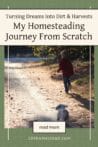 A young child walking down a dirt path with a dog, representing the start of a homesteading journey.