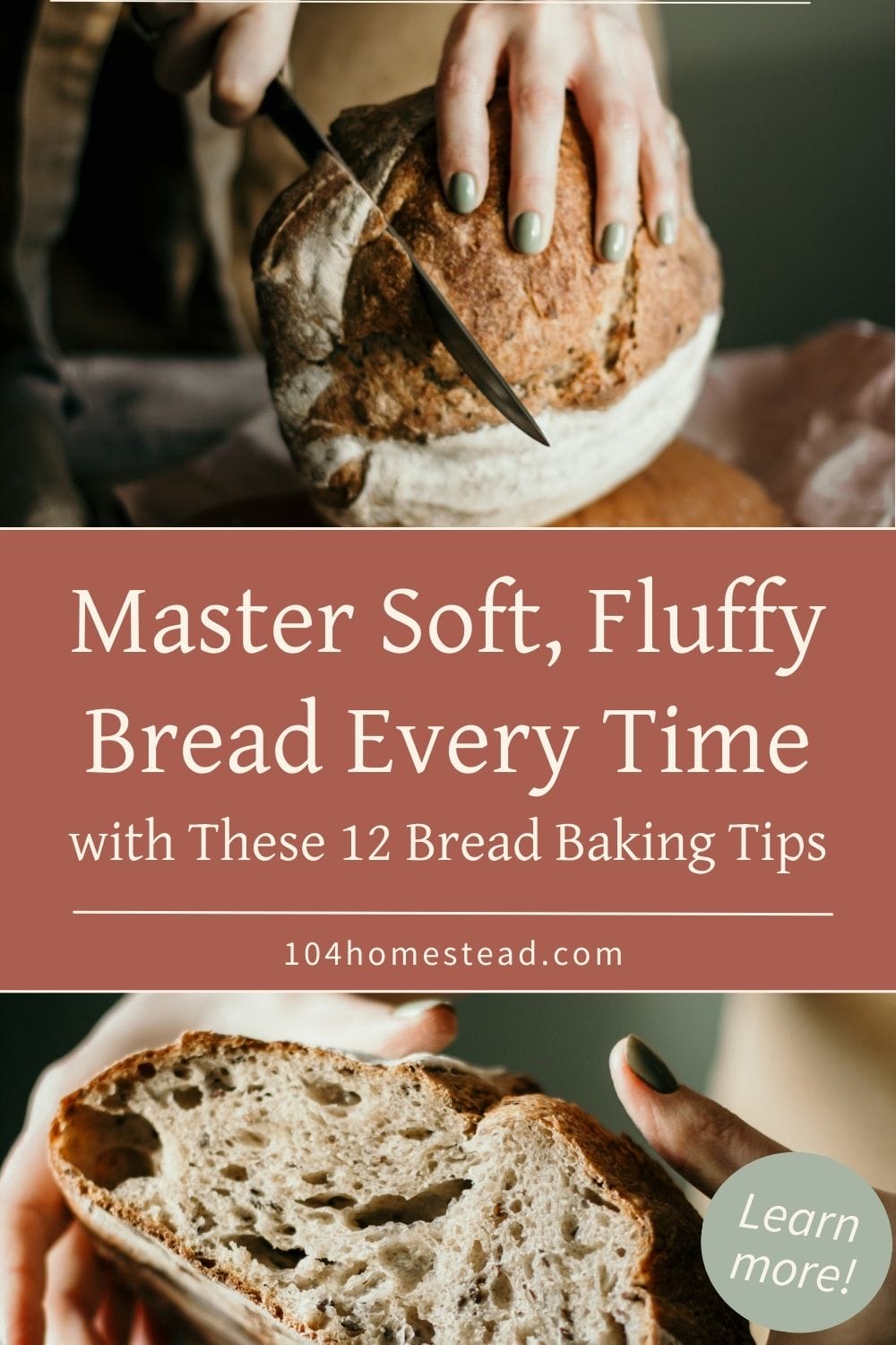 A person slicing a rustic loaf of homemade bread with a serrated knife, showcasing its soft, fluffy texture.