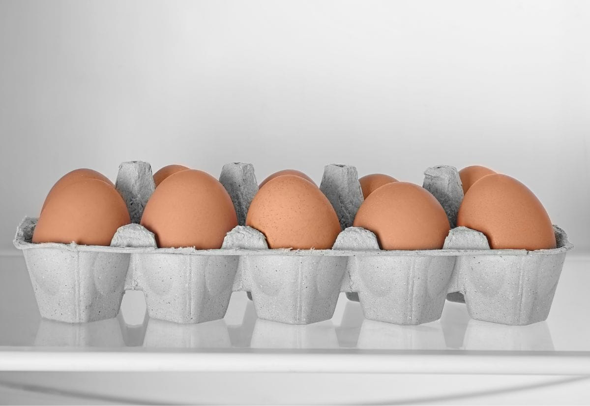 A dozen brown eggs neatly arranged in a gray egg carton inside a refrigerator.