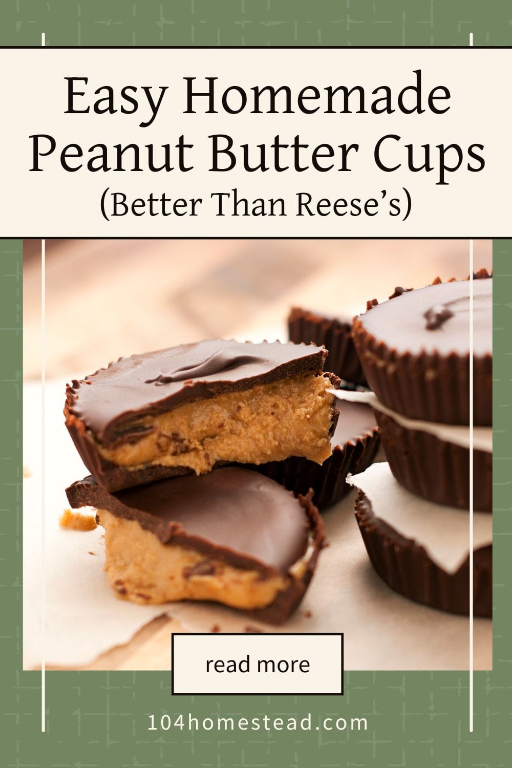 Close-up of homemade peanut butter cups with a bite taken out, showing the creamy peanut butter filling inside smooth chocolate shells.