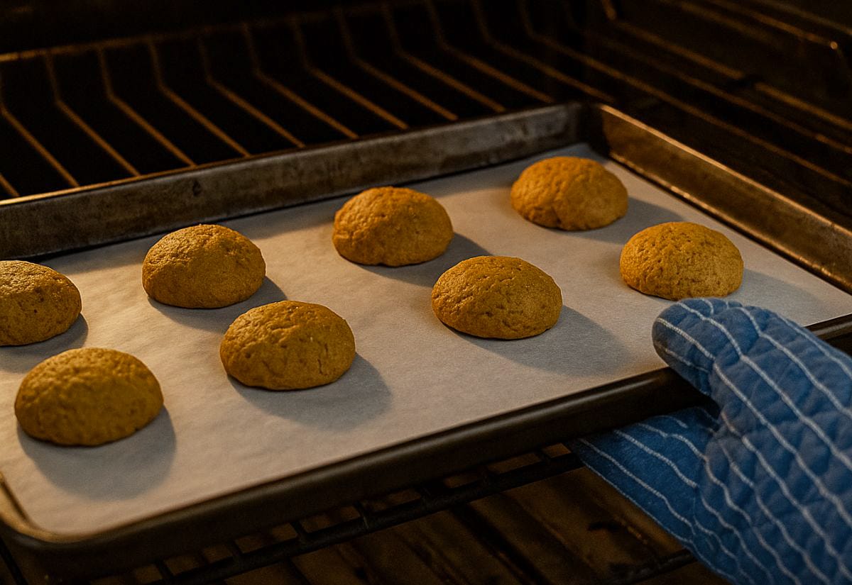 A baking sheet of pumpkin cookies being slid into a warm oven with a blue oven mitt. The cookies are evenly spaced on parchment paper, golden and pillowy, with cozy lighting capturing a home-baking moment.