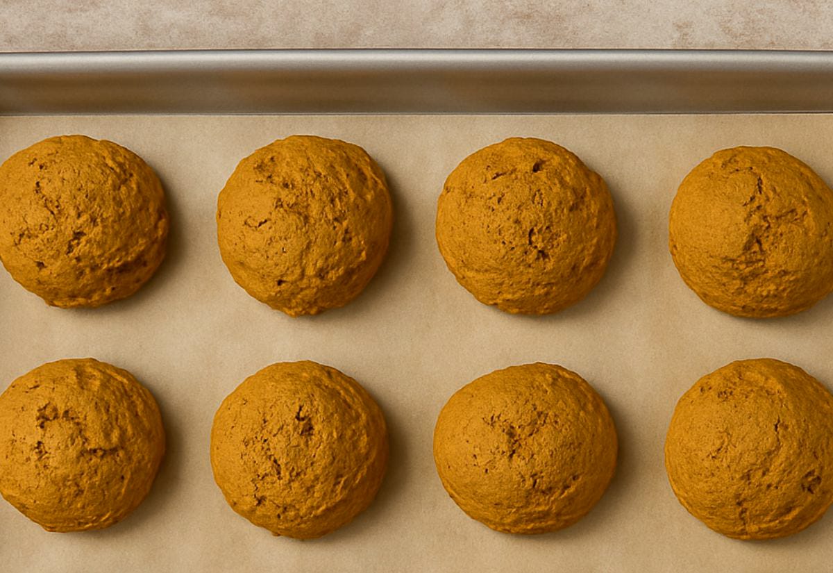 Freshly baked pumpkin cookies cooling on a parchment-lined baking sheet. The cookies are round and golden-orange with slightly rough tops, showing their soft, chewy texture before glazing.