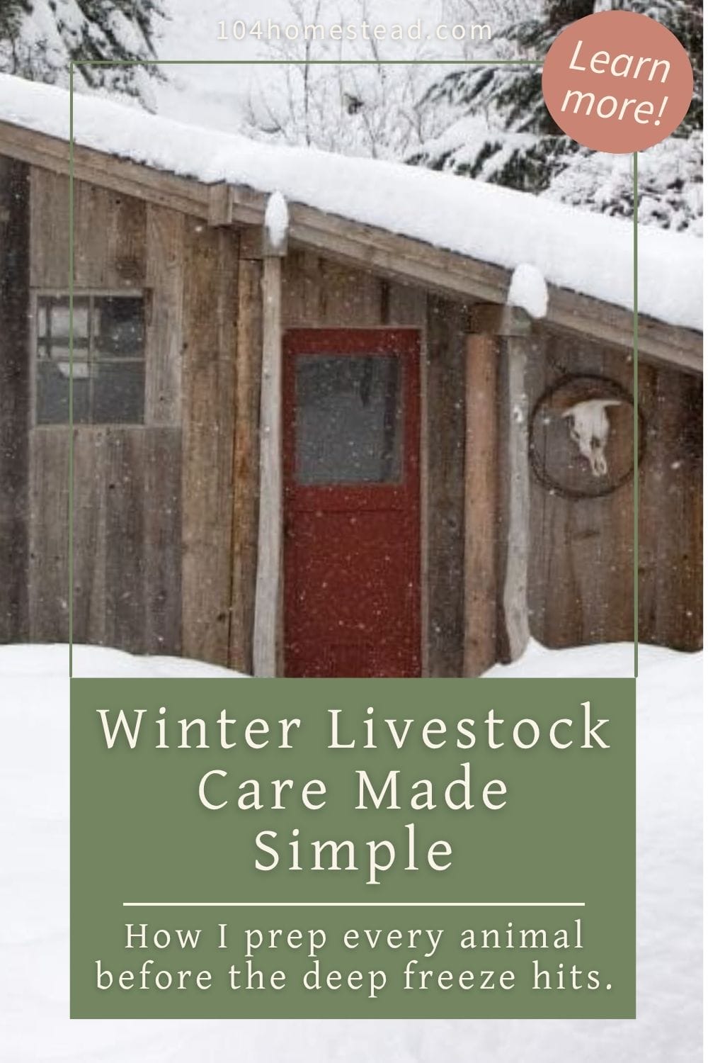 Pinterest graphic for The 104 Homestead showing a rustic wooden barn in winter with deep snow and the title ‘Winter Livestock Care Made Simple – How I prep every animal before the deep freeze hits.’
