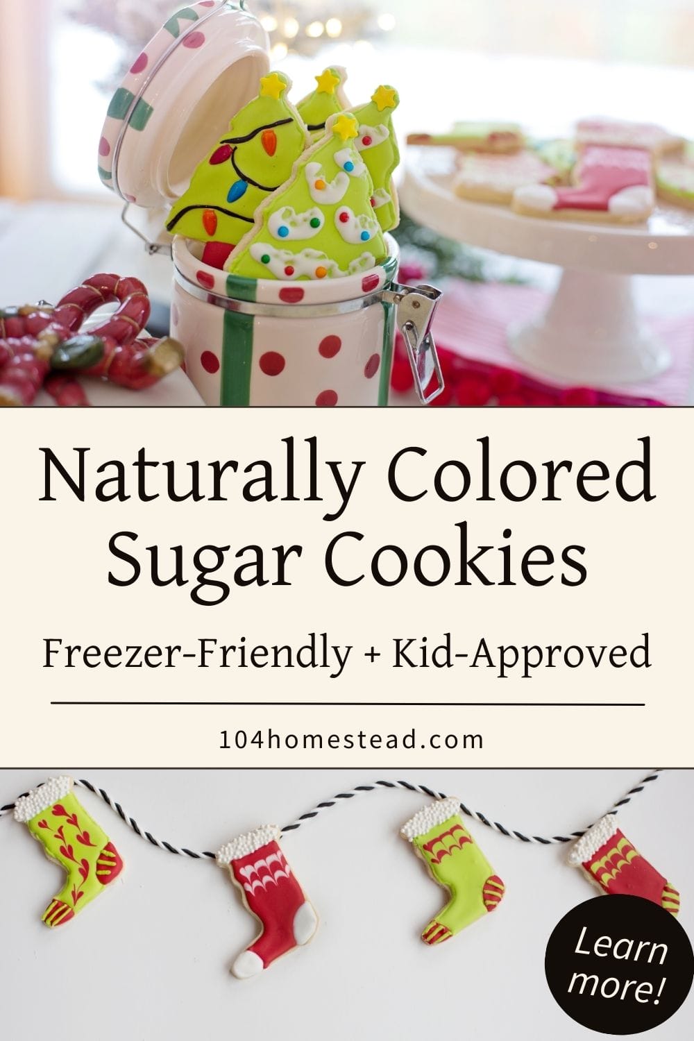 Bright lime-green Christmas tree sugar cookies decorated with colorful natural icing tucked inside a polka-dot holiday tin, with a garland of stocking cookies displayed below.