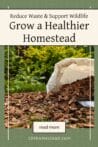 A garden scene with a pile of bark mulch being spread, highlighting eco-friendly gardening practices for a sustainable homestead.