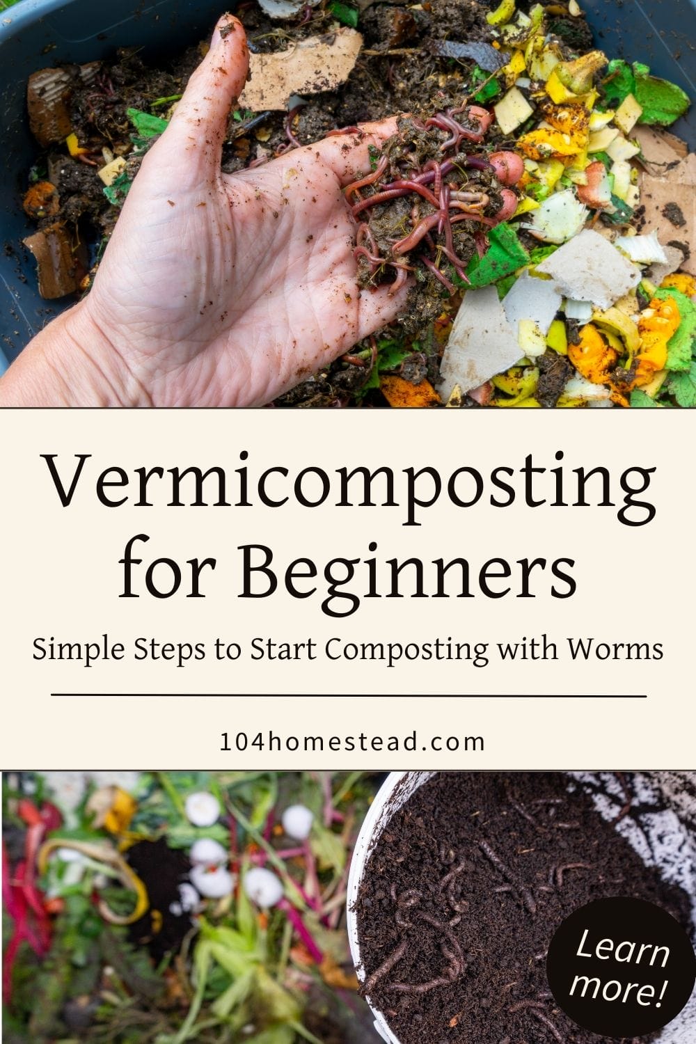 A hand holding red composting worms over a bin of colorful food scraps and shredded paper, with clean text overlay promoting vermicomposting for beginners.