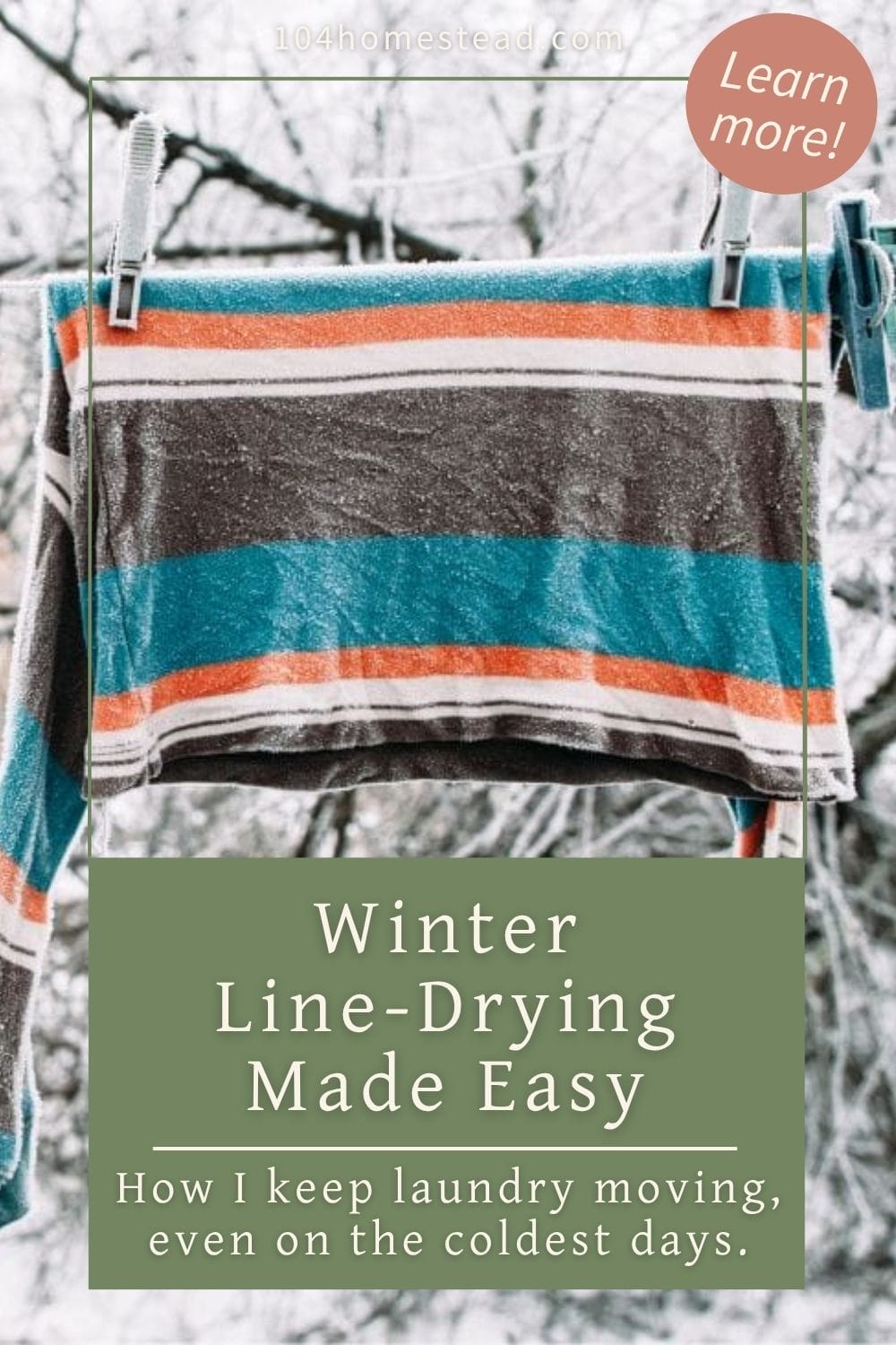 A brightly striped long-sleeve shirt hanging on an outdoor clothesline during winter, the fabric coated in frost as bare trees and snow-covered ground fill the background.