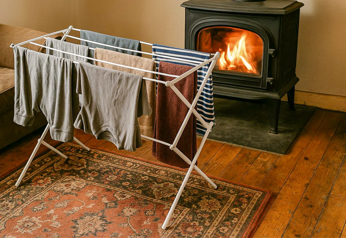 A white folding drying rack set up on a farmhouse-style rug beside a wood-burning stove, holding damp shirts, towels, and jeans drying in the warm indoor air.