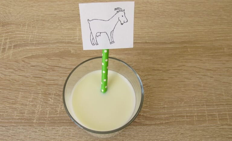 A glass of fresh goat milk on a wooden table with a green polka-dotted straw holding a hand-drawn sign of a goat, representing homemade or small-scale dairy. The photo emphasizes clean, creamy milk and a rustic homestead feel.