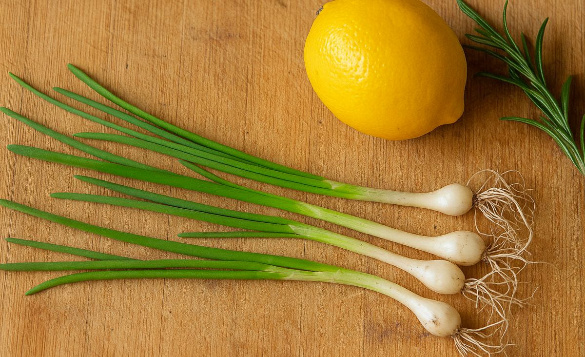 Freshly foraged wild onions with long green tops, a whole lemon, and a sprig of rosemary laid out on a wooden butcher block surface.