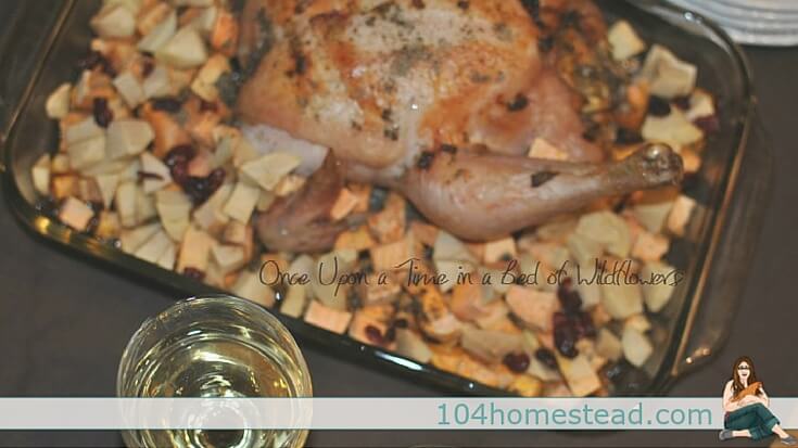 Roast chicken is an easy meal that comes out of the oven sitting on top of its very own side dish. All I have to do is pour a couple glasses of milk (or wine) and dinner is ready.