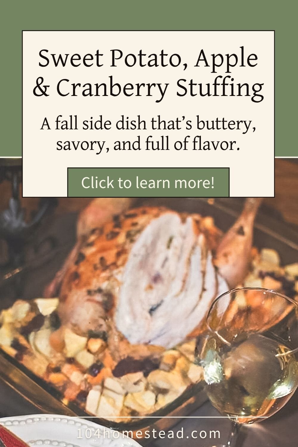 A roasted chicken surrounded by cubed sweet potatoes, apples, and dried cranberries in a glass baking dish, with a glass of white wine and a plate set on the table — a cozy, home-cooked fall dinner scene.