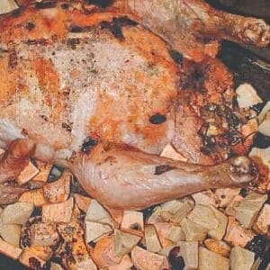 Overhead shot of a golden roasted chicken on a bed of sweet potatoes, apples, and cranberries, baked until caramelized and crisp on the edges.