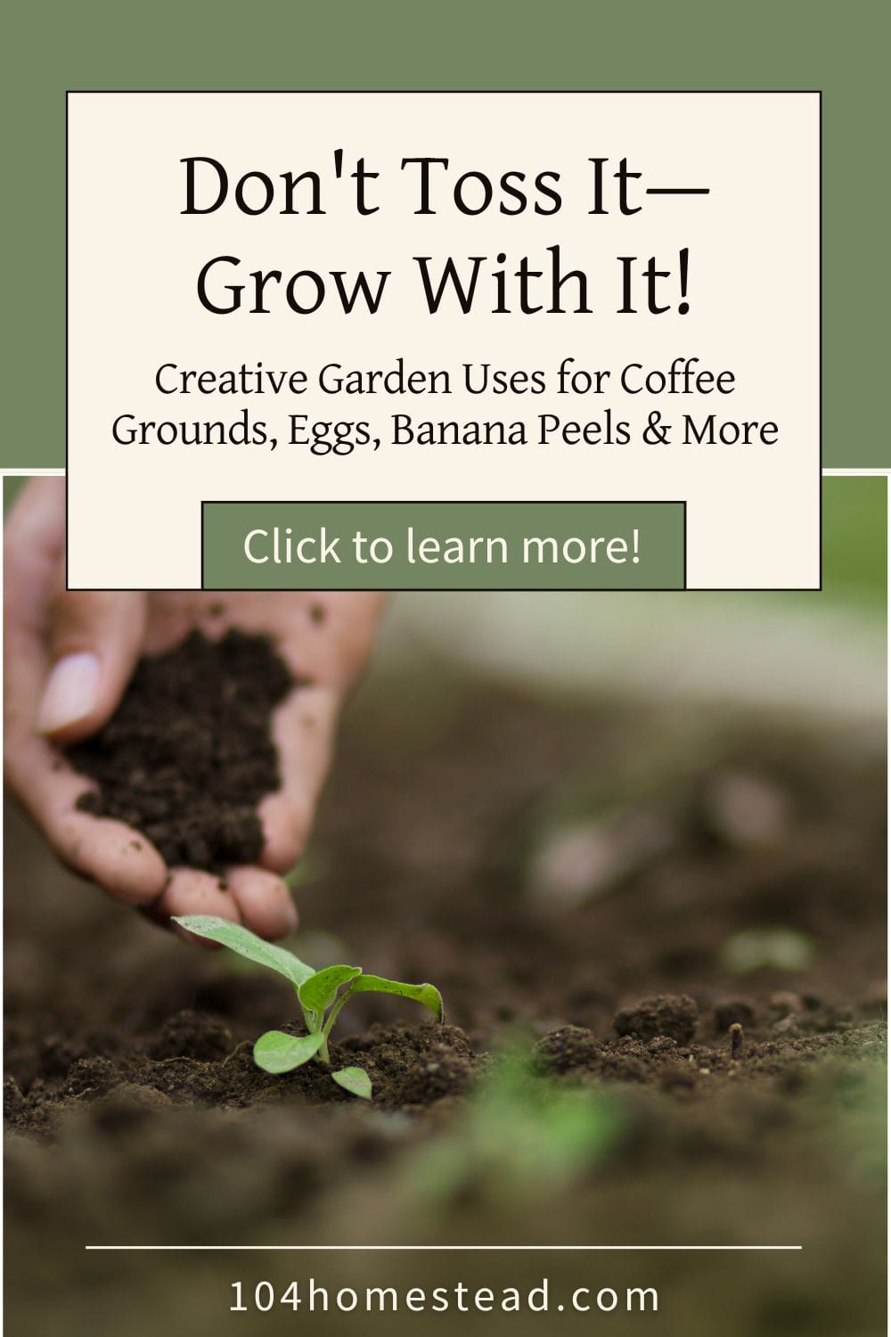 A hand gently holds a clump of rich soil near a young green seedling.