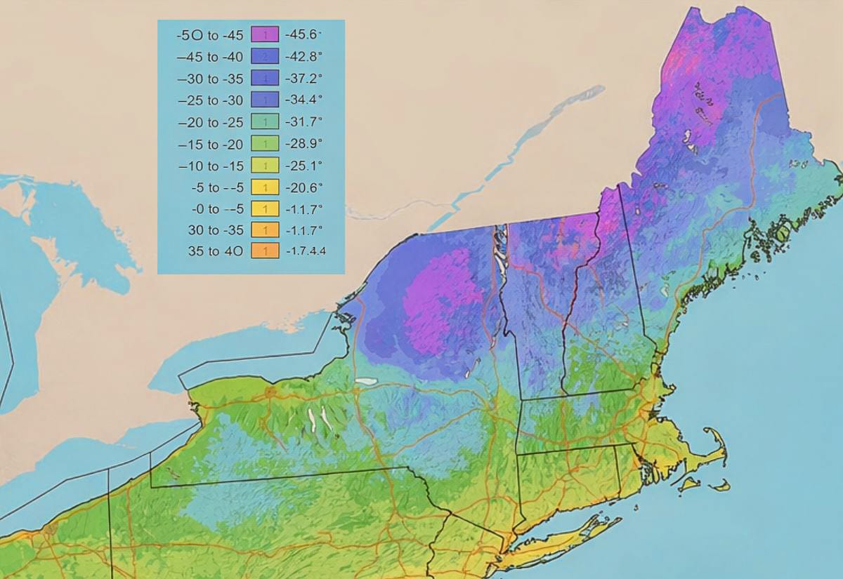 Color-coded plant hardiness zone map of the Northeastern United States showing temperature zones across Maine, New Hampshire, Vermont, Massachusetts, and surrounding states.