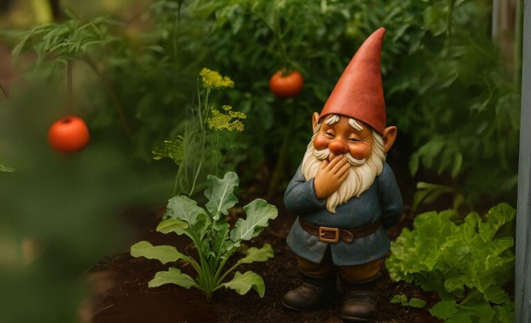 A playful garden gnome with a bashful expression stands among rows of vegetables in a sunny garden.