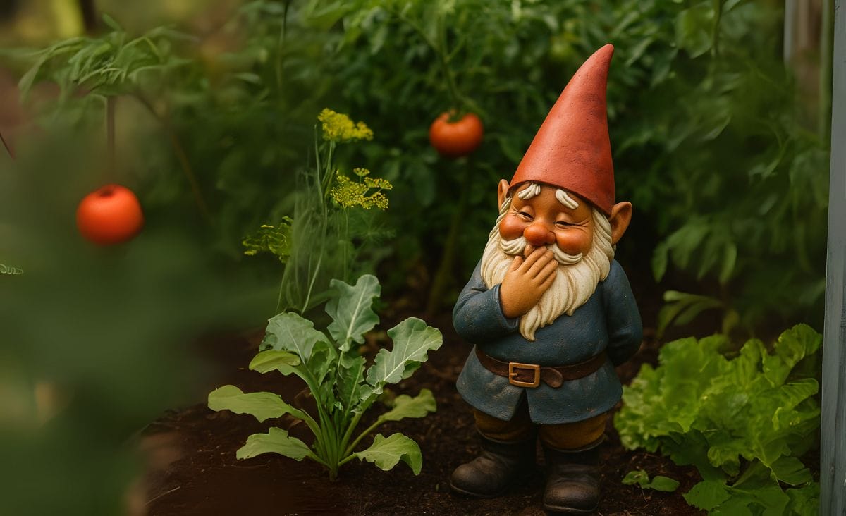 A playful garden gnome with a bashful expression stands among rows of vegetables in a sunny garden.