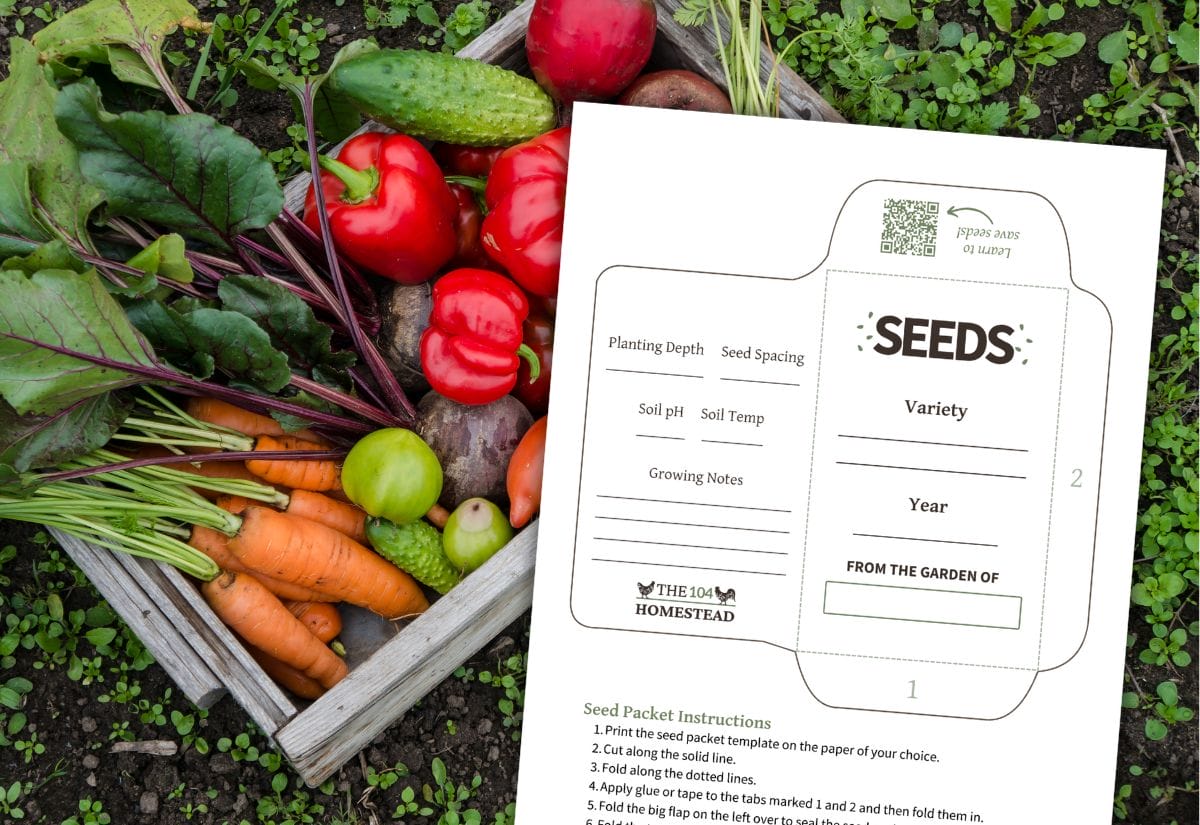 A printable seed packet with labeled sections for seed variety, planting depth, and notes, placed over a wooden crate of fresh vegetables.