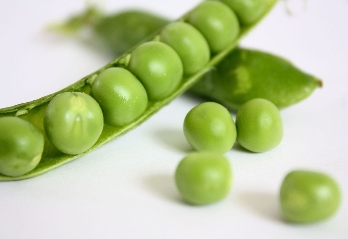 Fresh green peas in a pod, with a few loose peas on a white background.