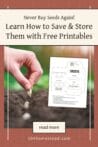 A close-up of a hand planting a seed in soil next to a printable seed packet, reinforcing the importance of proper labeling and storage.