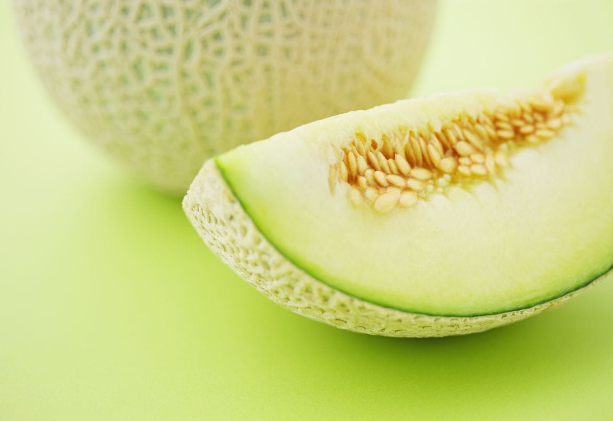 Close-up of a cantaloupe slice with seeds exposed, highlighting the challenge of saving seeds from cross-pollinating melon varieties.