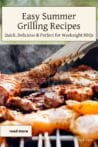 Grilled sausages and beef patties sizzling over an outdoor BBQ, with tongs lifting a juicy piece of meat.