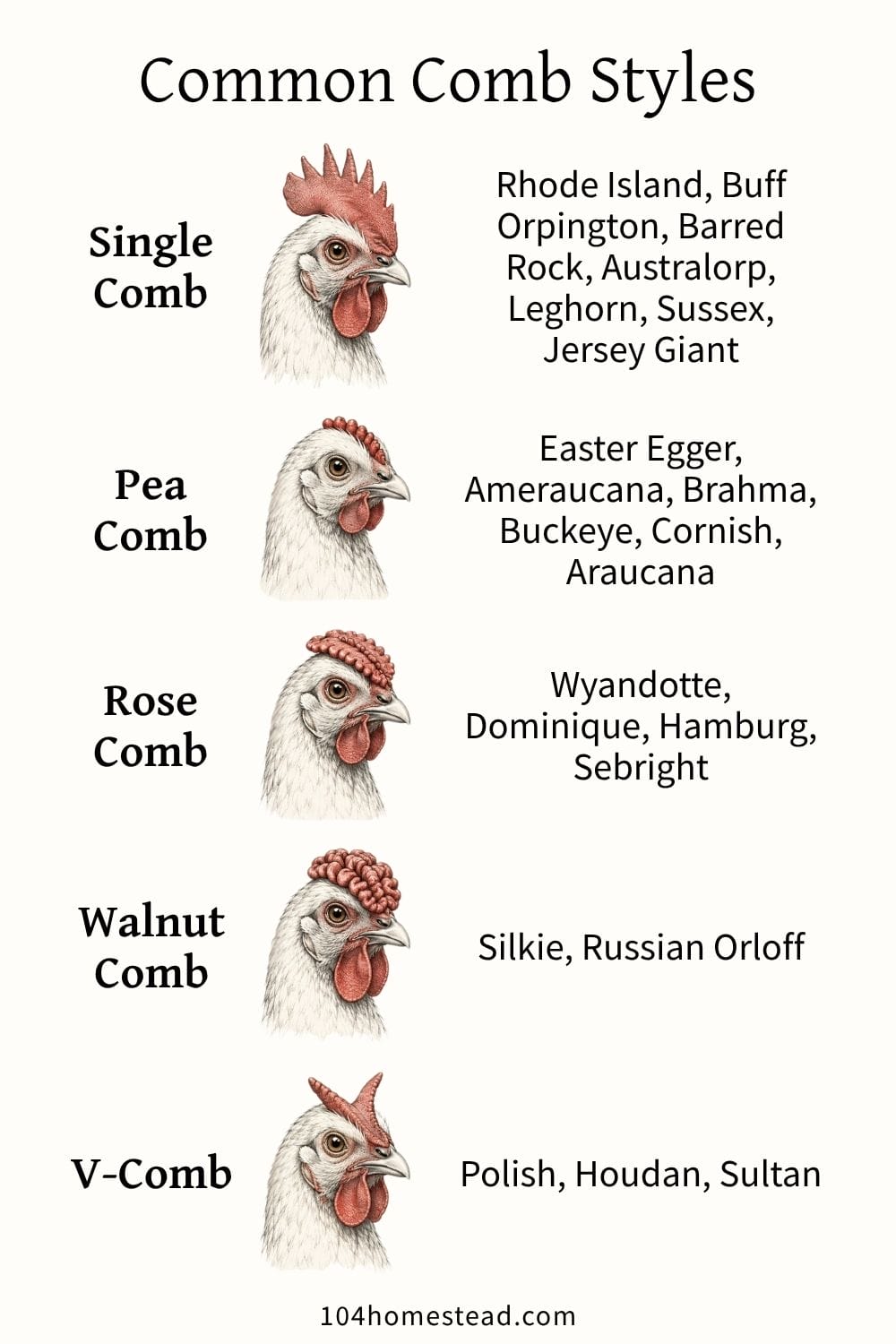 Illustrated chart of common chicken comb types showing single comb, pea comb, rose comb, walnut comb, and V-comb with breed examples listed beside each chicken head.