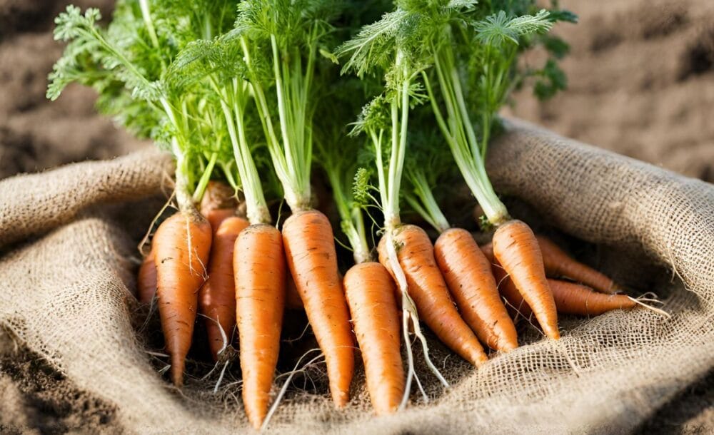 Carrots in a burlap sack sitting out in the garden.