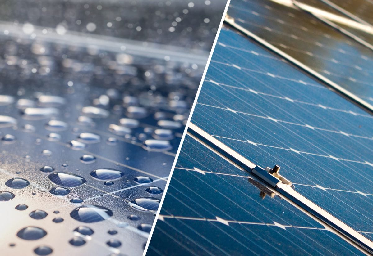 A split image showing solar panels with water droplets from rain and a clear close-up of a sunny panel surface. 