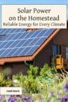 A house with solar panels covering its roof, surrounded by lush greenery and tall plants. Text overlay: Solar Power on the Homestead - Reliable Energy for Every Climate.