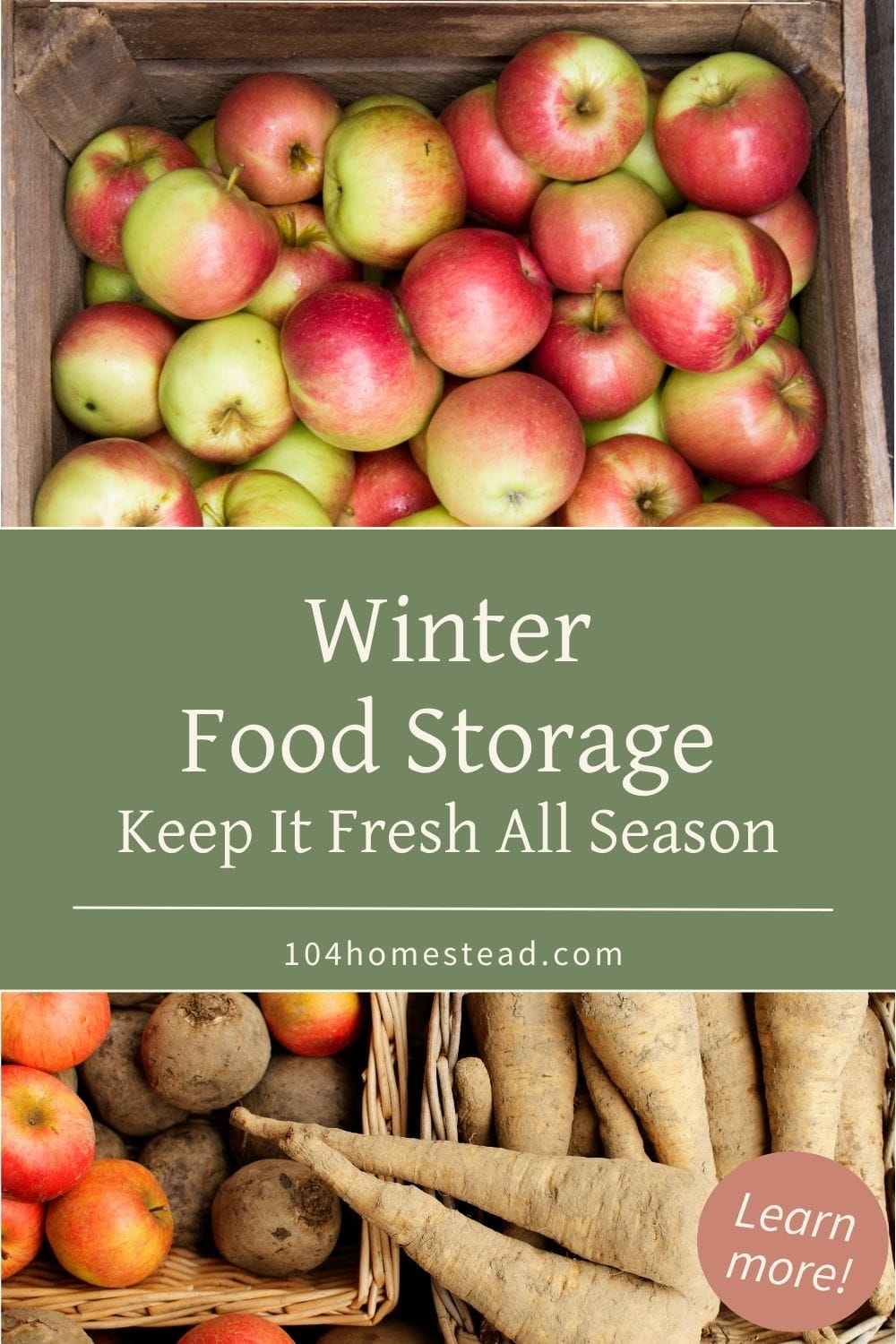 Pinterest graphic showing apples and root vegetables with the text "Winter Food Storage: Keep It Fresh All Season."