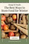 Apples, root vegetables, and potatoes in baskets for proper winter food storage solutions.