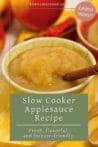 Bowl of chunky applesauce with a cinnamon stick and a rustic background, featuring the text "Slow Cooker Applesauce Recipe."
