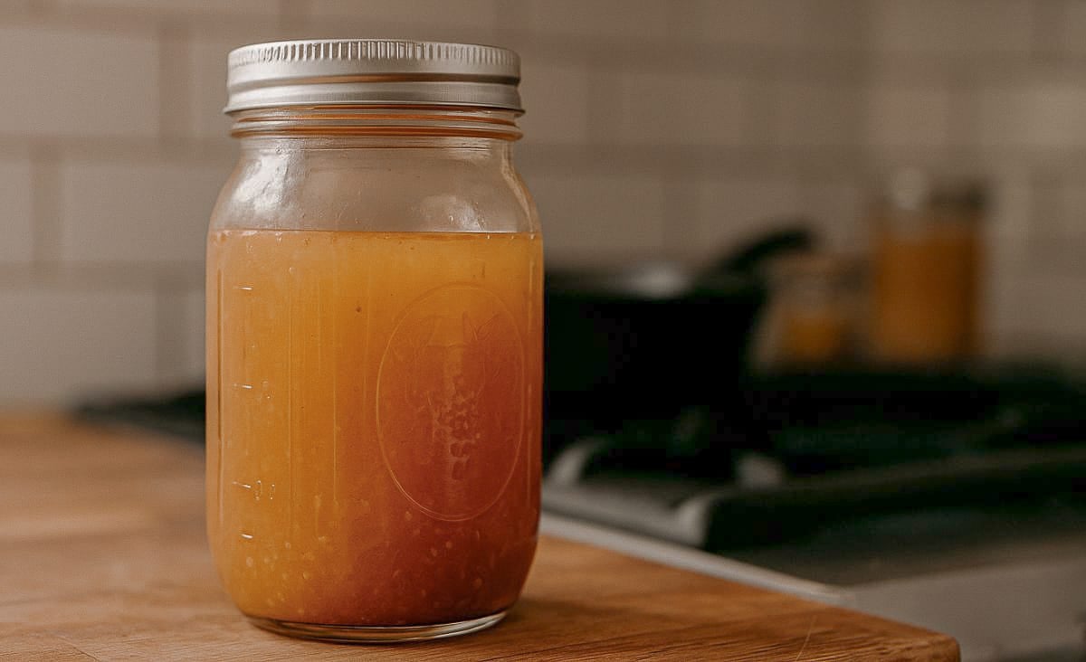 A mason jar filled with homemade fire cider sitting on a wooden countertop in a home kitchen, with the stove and backsplash softly blurred in the background.