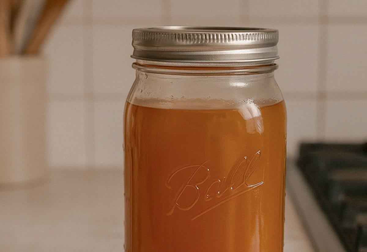 A clear Ball jar of finished fire cider resting on a light-colored kitchen counter, the warm golden color of the cider standing out against the neutral tile backsplash.