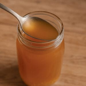 A metal spoon lifted over the top of a mason jar, showing the warm, amber liquid of homemade fire cider inside the jar on a wooden surface.