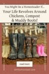 A lineup of muddy boots of various sizes on a dirt floor in a barn with cows in the background, symbolizing a busy homesteading family.