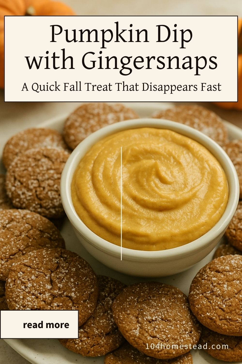 Pumpkin dip in a small white bowl surrounded by homemade gingersnap cookies dusted with powdered sugar, photographed on a light kitchen surface with mini pumpkins blurred in the background.