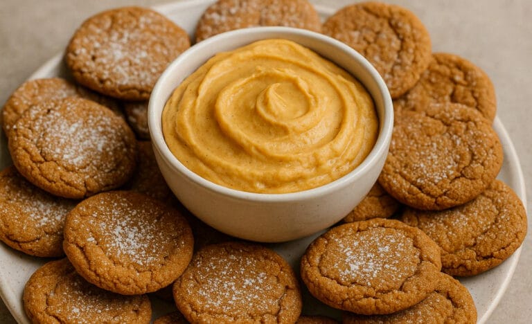A plate filled with crispy homemade gingersnaps dusted lightly with powdered sugar, arranged around a white bowl of creamy pumpkin dip with visible swirls on top.