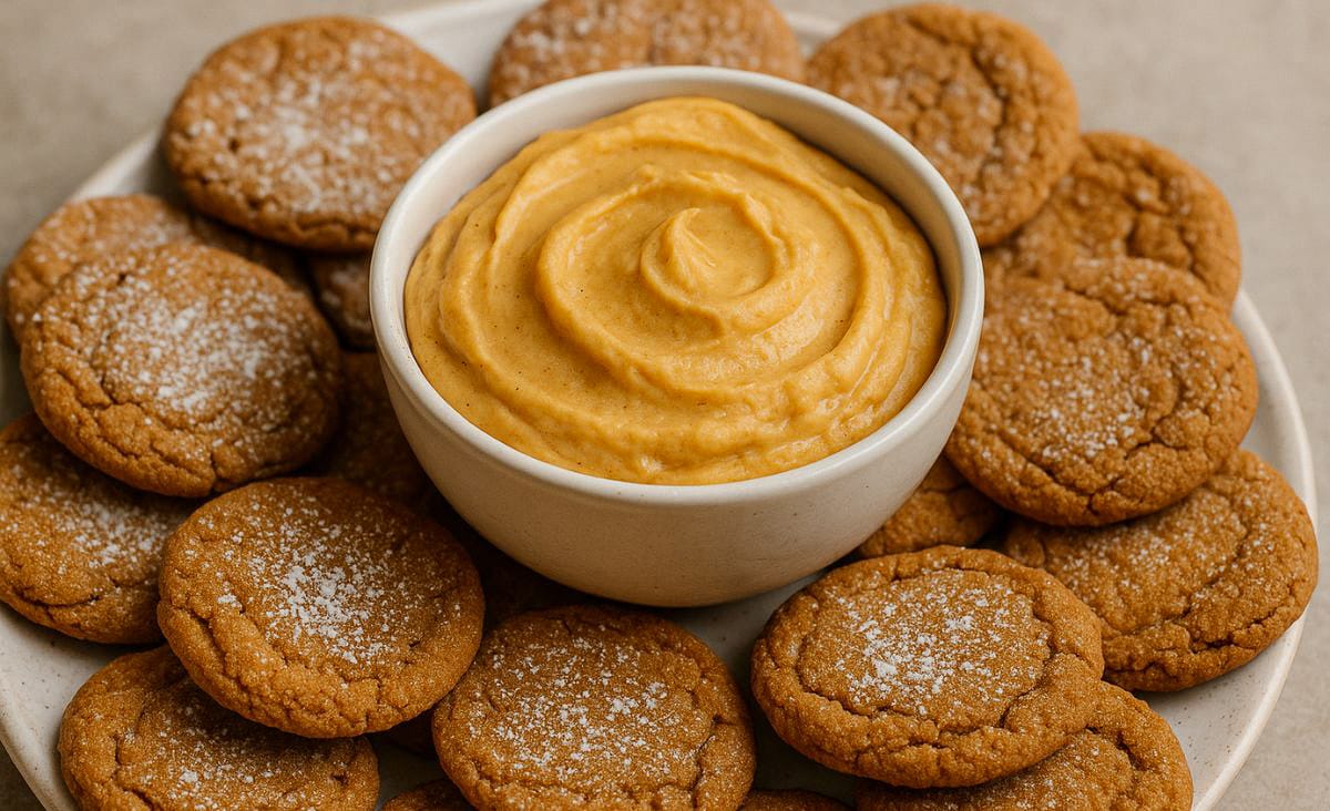 A plate filled with crispy homemade gingersnaps dusted lightly with powdered sugar, arranged around a white bowl of creamy pumpkin dip with visible swirls on top.