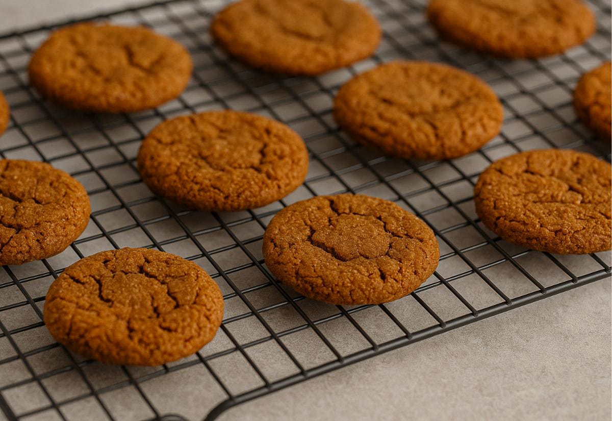 Freshly baked gingersnap cookies cooling on a black wire rack, showing their cracked tops and warm brown color before being dusted with powdered sugar.