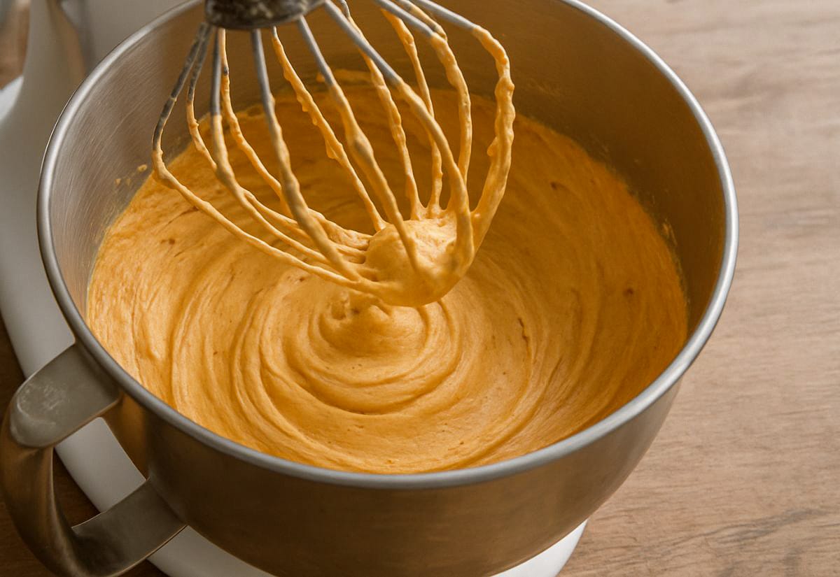 Pumpkin dip in a stainless steel stand mixer bowl, whipped into a smooth, fluffy texture with the whisk attachment raised above the mixture.