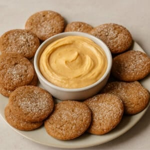 A round plate of homemade gingersnaps arranged around a white bowl of pumpkin dip, showing the dip’s creamy texture and the cookies’ cracked tops and powdered sugar.