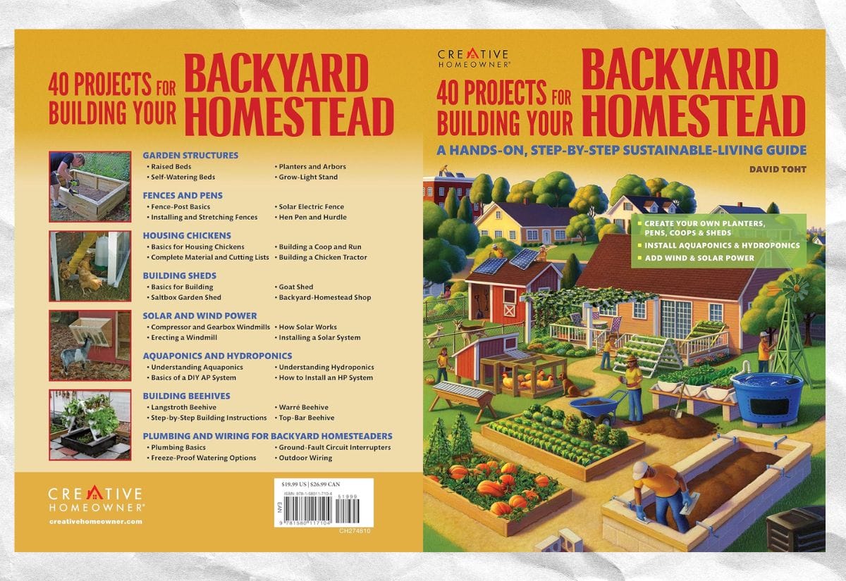 Cover of 40 Projects for Building Your Backyard Homestead by David Toht, showcasing illustrated homestead projects and a list of DIY topics.