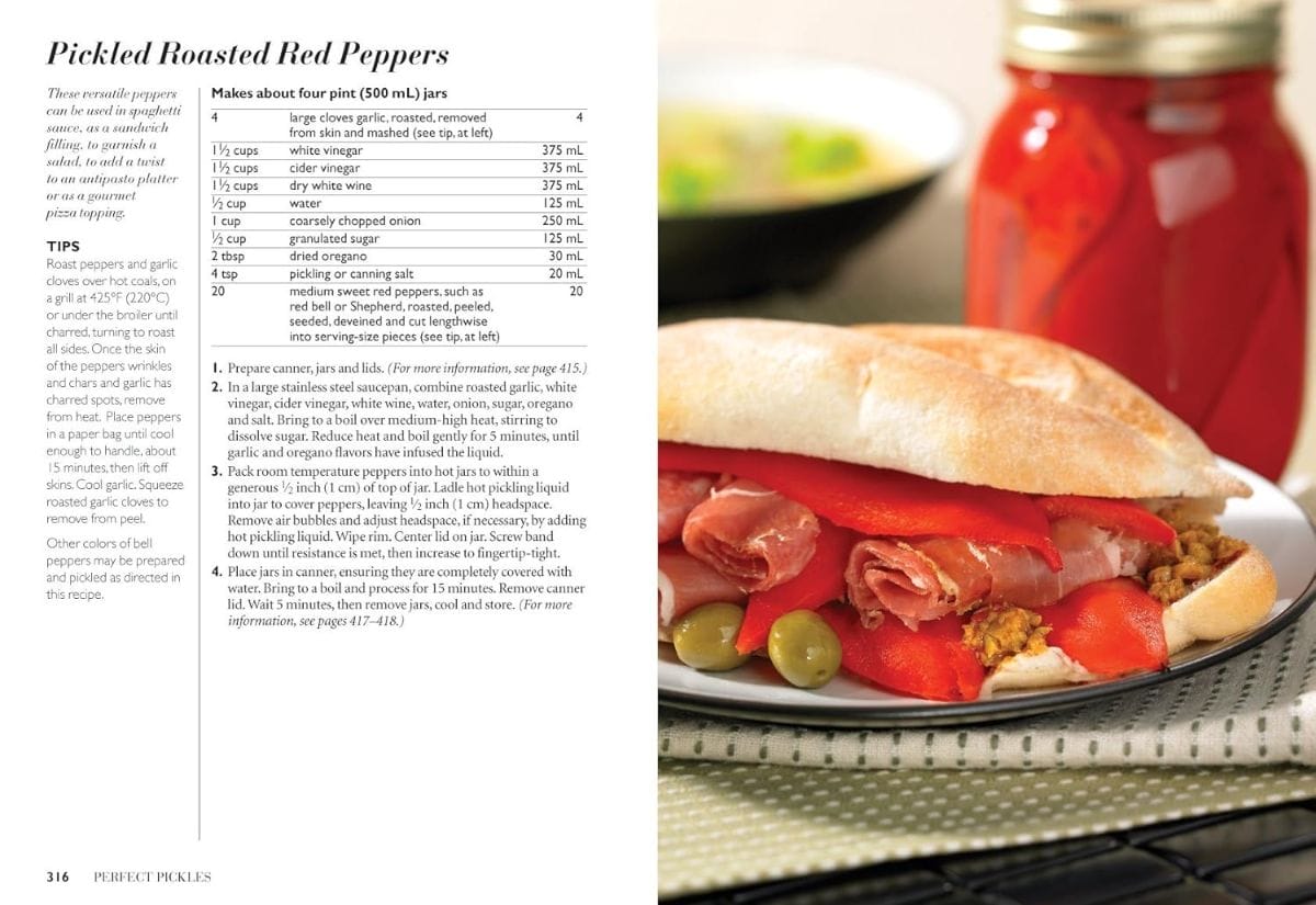 Recipe page for pickled roasted red peppers alongside a sandwich with roasted peppers and a jar of pickled peppers.