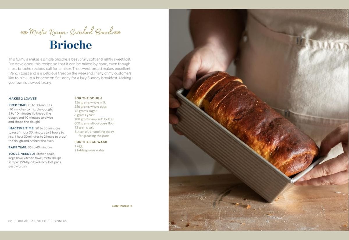 Freshly baked brioche bread being removed from a loaf pan.