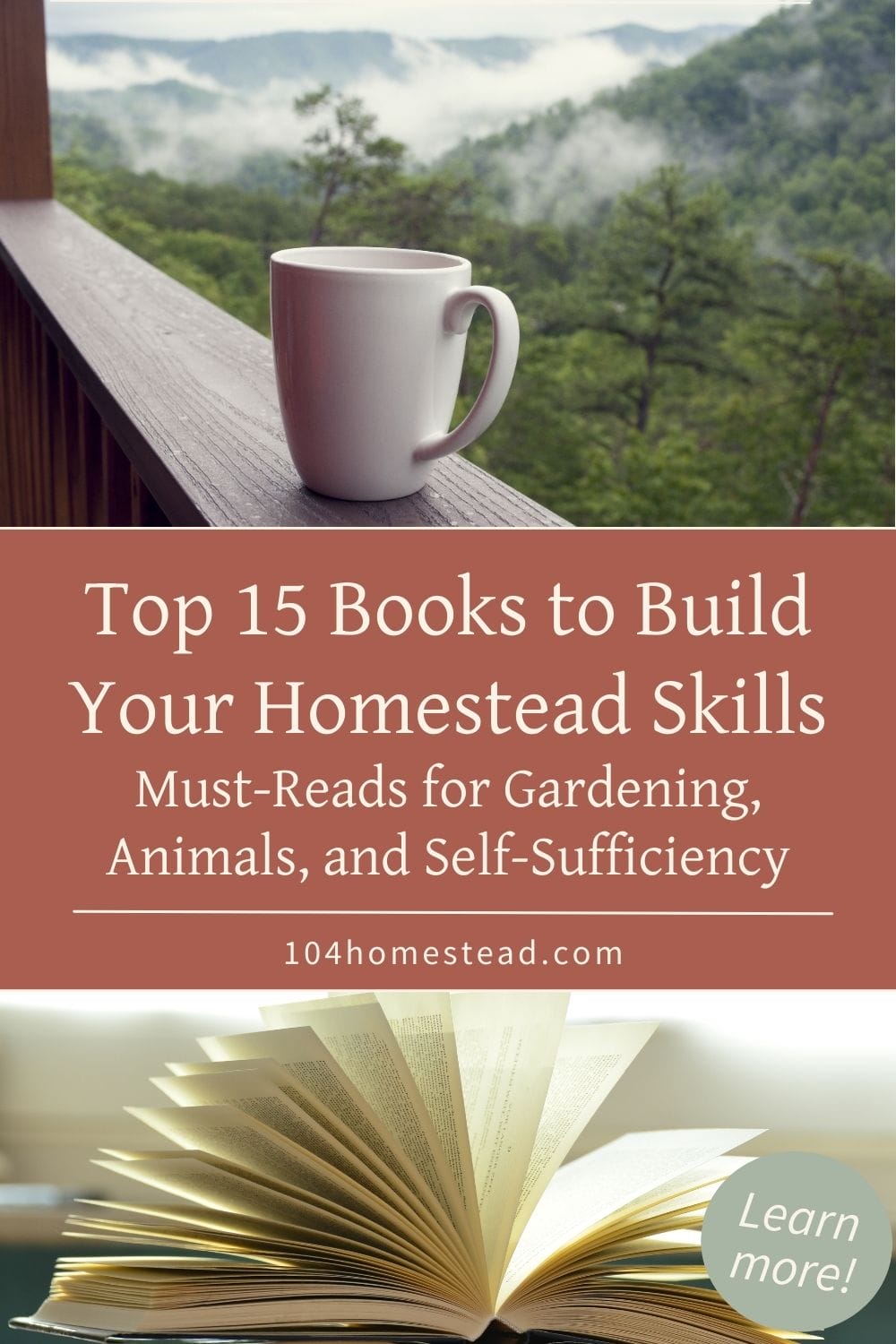 A steaming coffee mug on a wooden deck railing overlooking misty forested mountains, paired with an open book, symbolizing peaceful learning on the homestead.